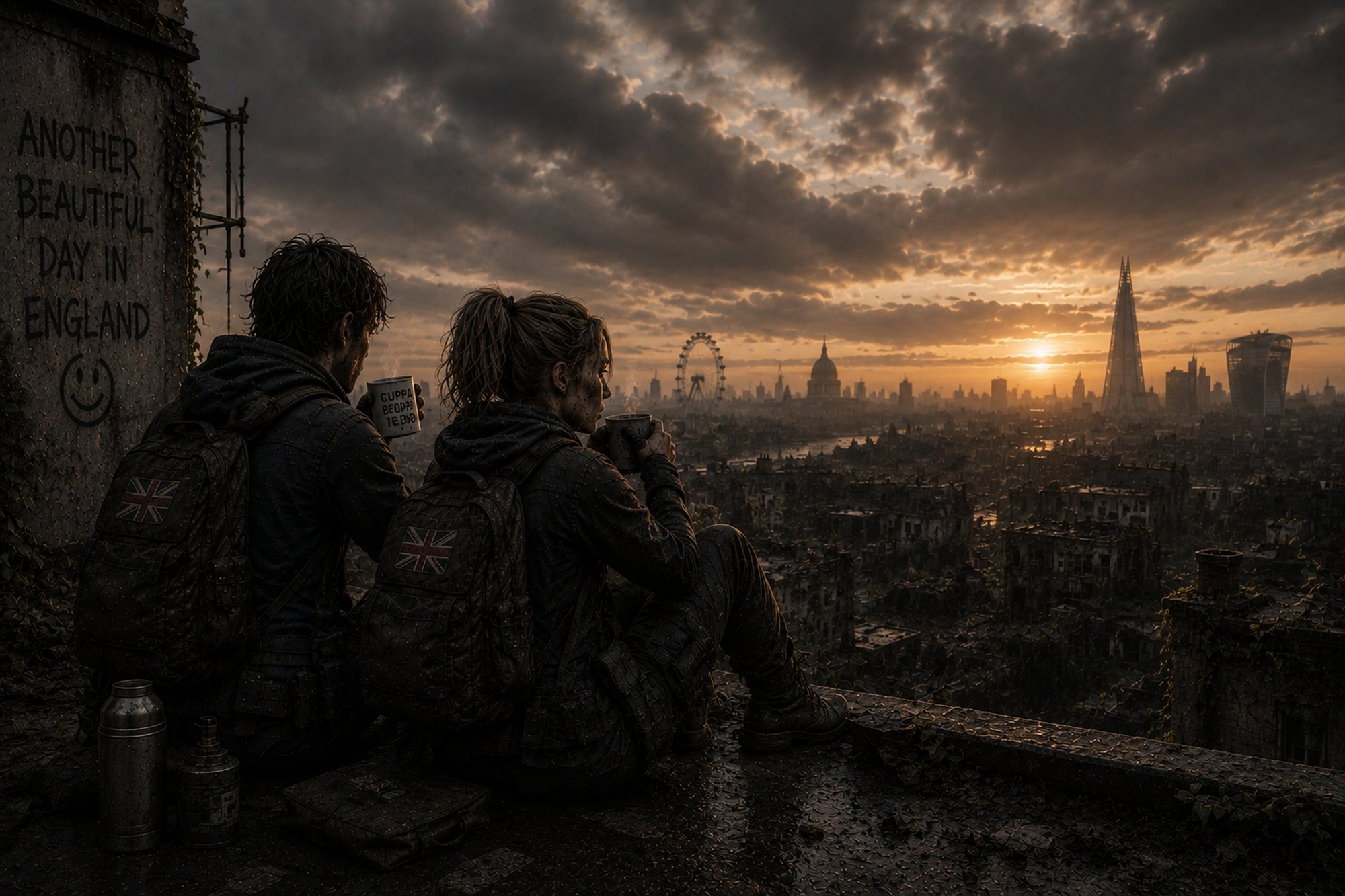 Click image to enlarge Survivors at Sunset British Apocalypse wall art